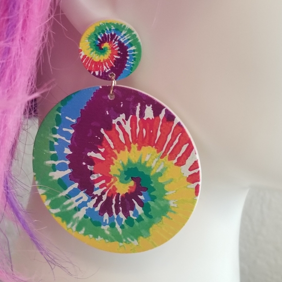 Tye Dye Round Fashion Retro 80's Earrings - Picture 3 of 5